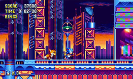 Sonic and Tails standing in Studiopolis Zone in Sonic Mania.