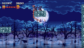 The skeleton main character of Vertebreaker swinging from a tree with his whip.